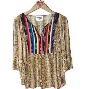Savanna Jane Reptile print ruffle sleeve popover Blouse with multi woven…
